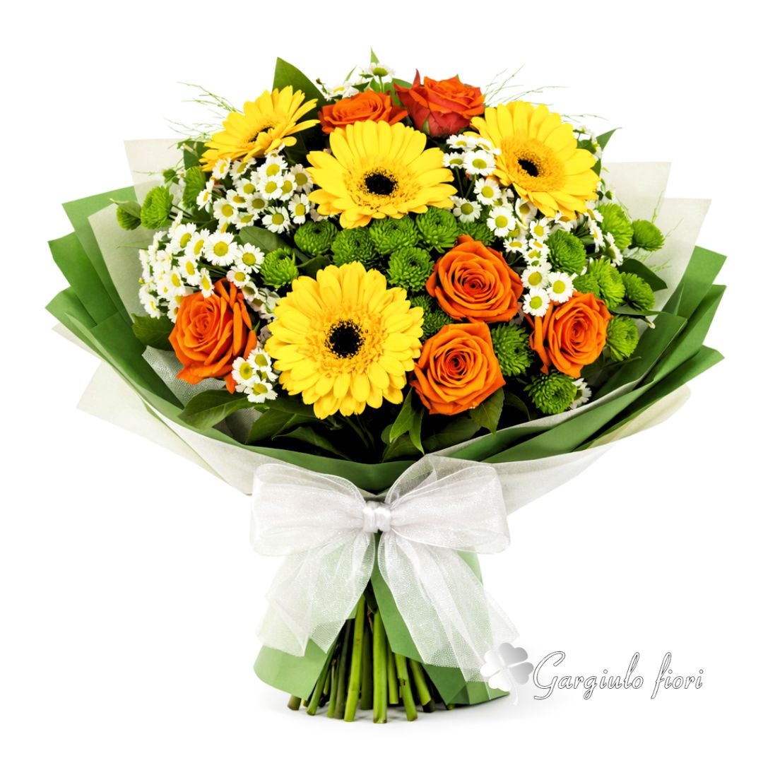 Bouquet Vivace con Gerbere Gialle e Rose Arancio