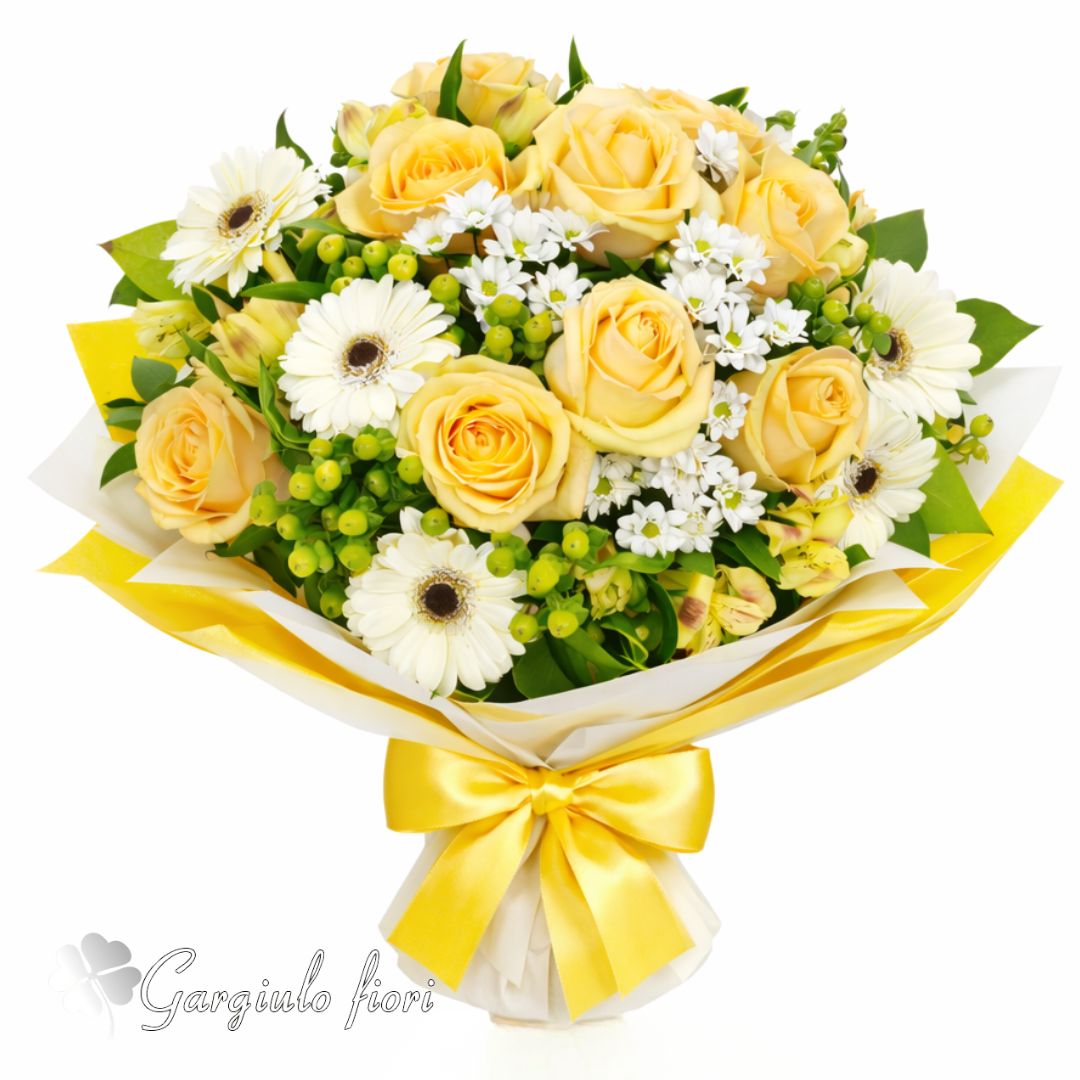 Bouquet Luminoso con Rose Gialle e Gerbere Bianche