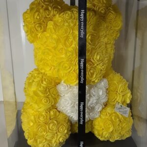 Orsetto di rose artificiali giallo con cuore bianco h 36 Cm