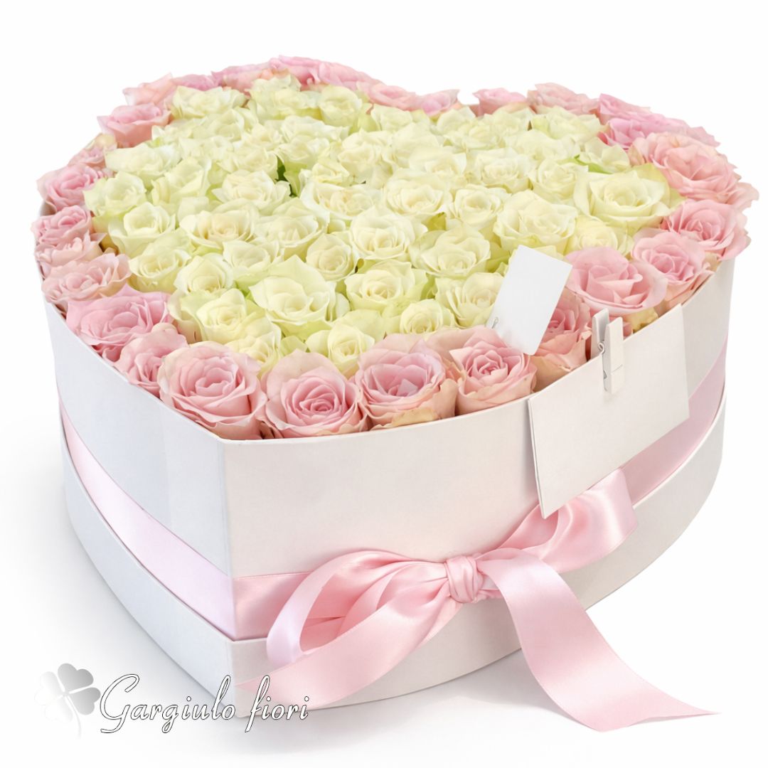 05″Cuore di Tenerezza”: Box a Cuore con Rose Bianche e Rosa