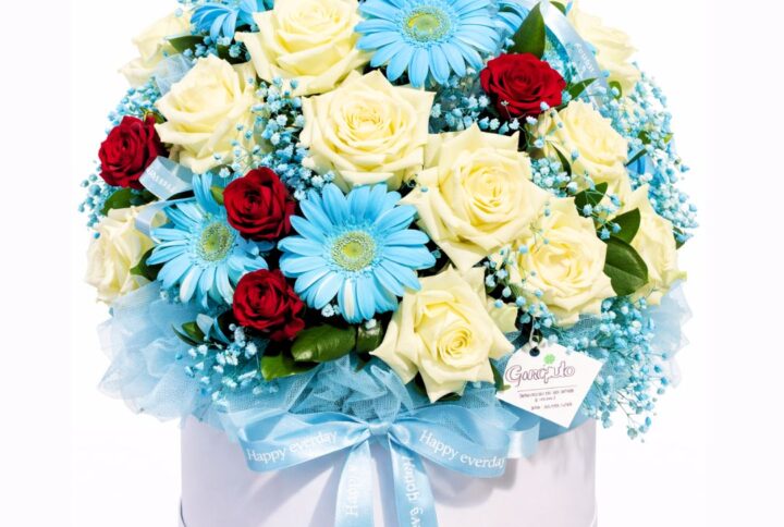 Elegante Box con Rose Fresche, Gerbere Azzurre e Velo da Sposa