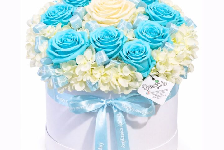 Elegante Box con Rose Azzurre Fresche e Ortensia Bianca