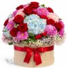 "Sogno a Colori": Lussuosa Flower Box con Rose Rosse, Ortensia e Dalie