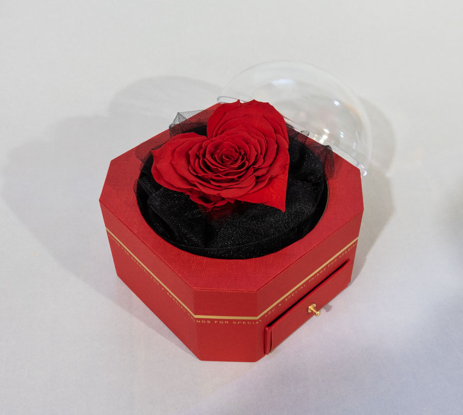 Box rosso con cupoletta e rosa stabilizzata a forma di cuore