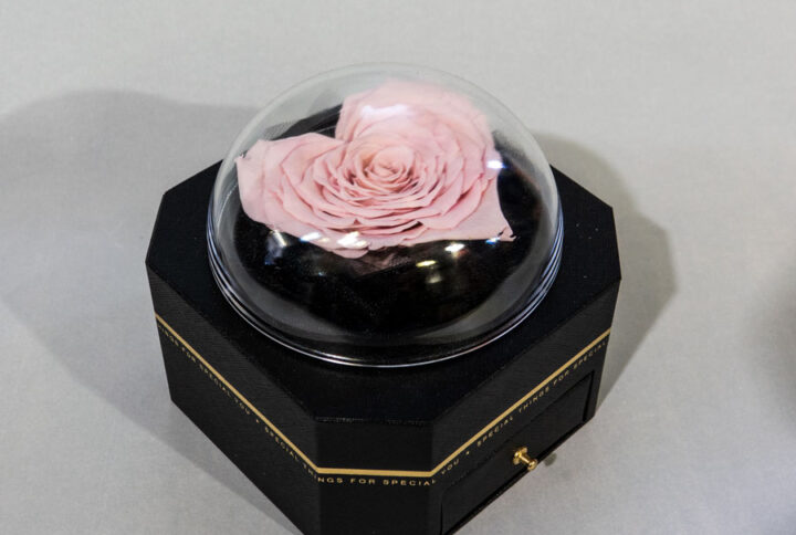 Box nero con cupoletta e rosa stabilizzata a forma di cuore