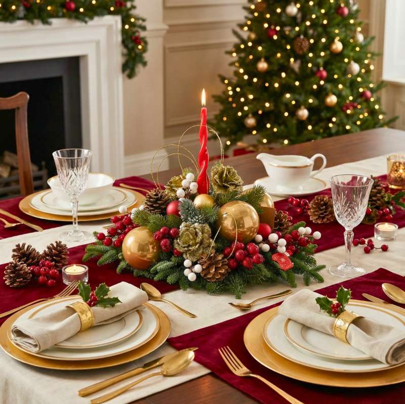 Centrotavola Natalizio Incanto Dorato su tavolo Natalizio