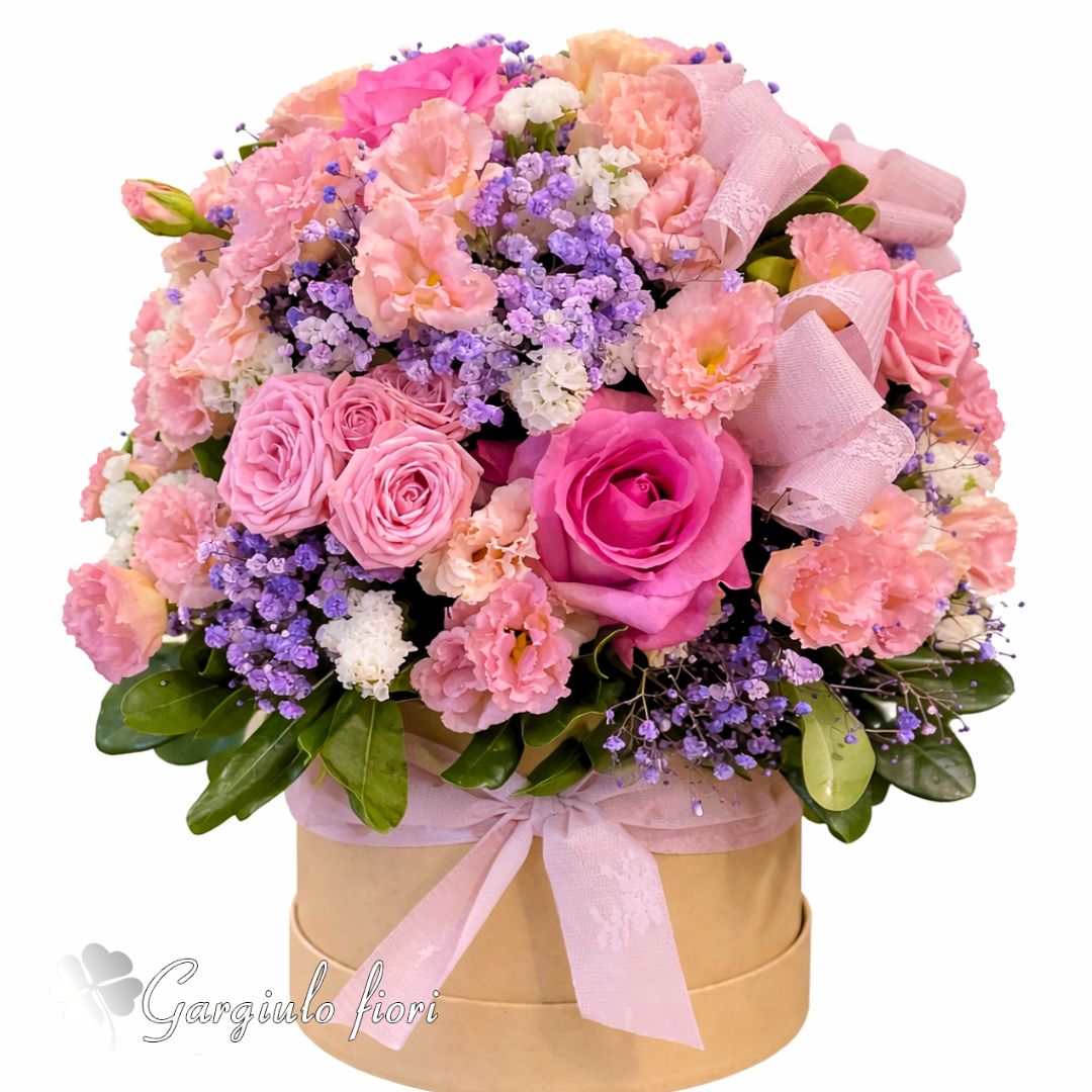 Box Floreale Romantica con Rose, Lisianthus e Fiori Lilla
