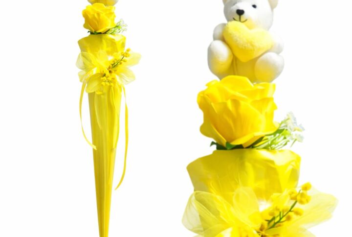 "Dolce Pensiero": Cono con Rosa Gialla, Mimosa e tenero Peluche