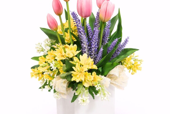 Centrotavola con Tulipani e Fresie in Lattice e Stoffa (H 35 cm)